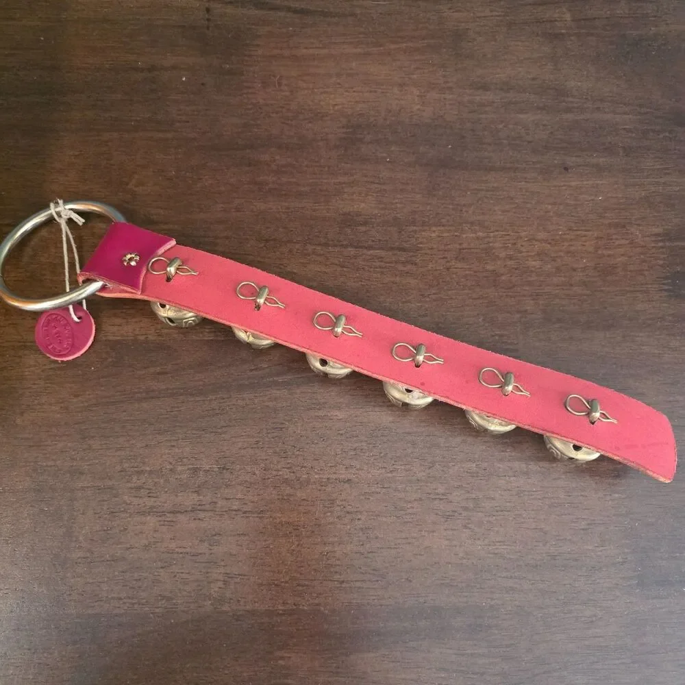 New England Bells Handcrafted Leather Strap Door Hanger w 6 Brass Sleigh RED